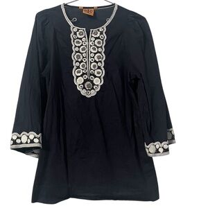Tory Burch Semi-Sheer Embroidered Tunic Top in Navy Sz 2 Boho Chic Relaxed Fit
